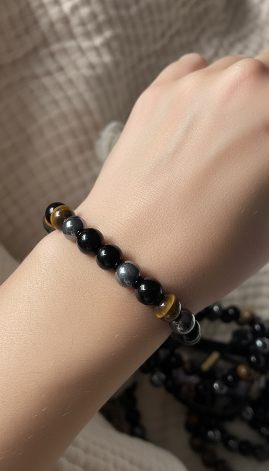 The Triple Shield | Obsidian, Hematite, & Tiger’s Eye 10mm Bracelet